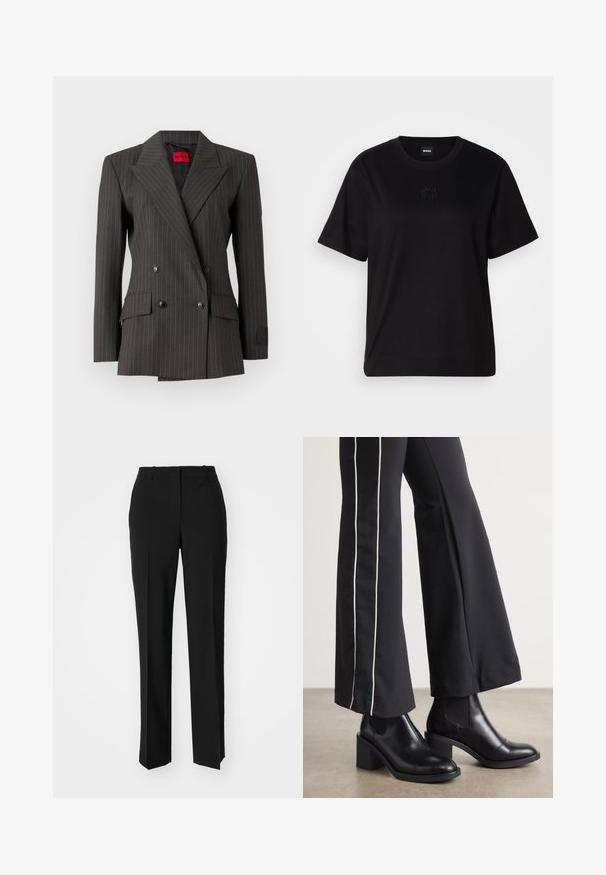 Sötétszürke, dupla soros zakó finom csíkos mintával. Nagy hajtókákkal, fekete gombokkal és oldalsó zsebekkel rendelkezik. Címke látható a belsejében.; Fekete pamut póló kerek nyakkivágással, rövid ujjakkal és hímzett logóval a mellkasán. Egyszerű, laza szabás, minta nélkül.; Fekete, testhezálló nadrág egyenes szárú kivitelben, sima textúrával és éles redőkkel az elején. Nincs látható fémalkatrész.; Fekete bőr bokacsizma, tömbsarkúval, oldalán rugalmasszal ellátott panelek találhatók. Fekete nadrággal párosítva, amelynek fehér oldalsávja van.