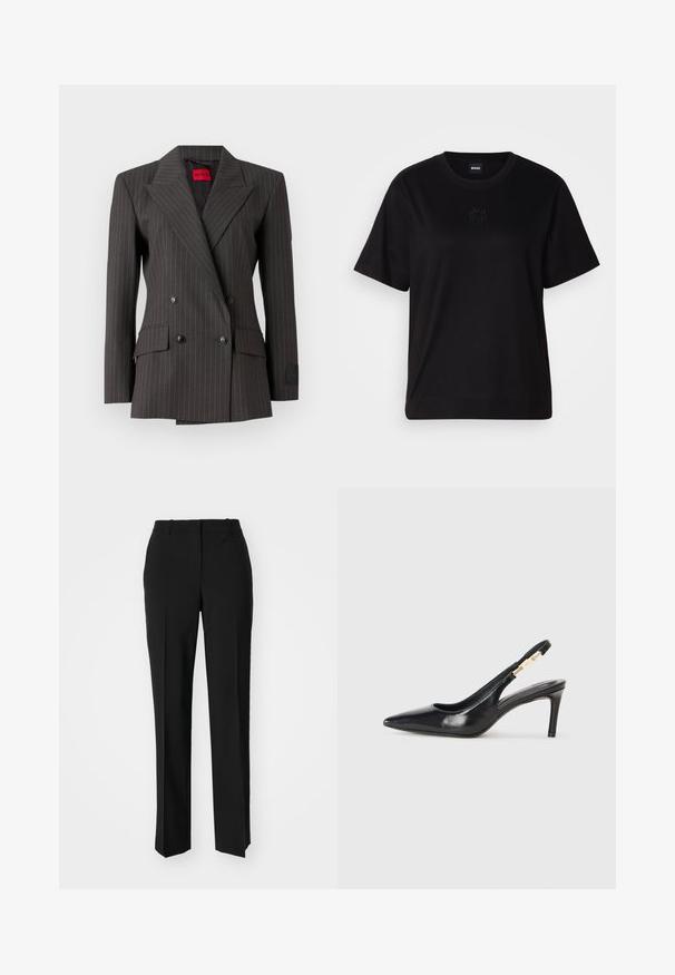Blazer gris anthracite à double boutonnage avec un motif à rayures. Présente de grands revers, des boutons noirs et des poches latérales. Étiquette visible à l'intérieur.; T-shirt en coton noir avec un col rond, des manches courtes et un logo brodé sur la poitrine. Coupe simple et décontractée sans motifs.; Pantalon noir ajusté avec une coupe droite, présentant une texture lisse et des plis nets sur le devant. Aucune quincaillerie visible.; Chaussure à talon haut en cuir noir avec un bout pointu, texture lisse et uneFine bride de cheville avec des accents en métal doré.