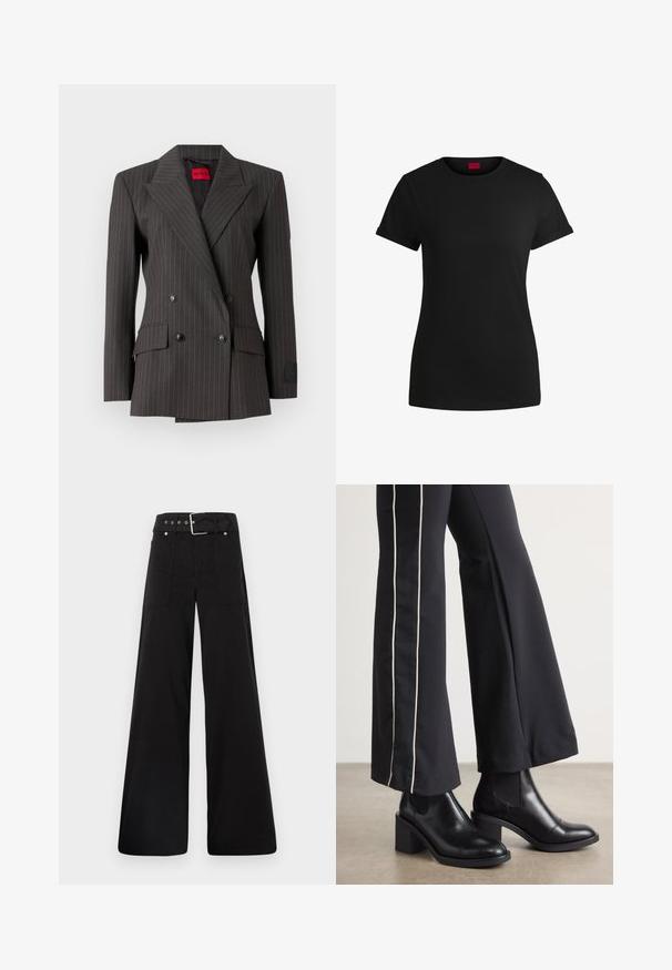 Sötétszürke, dupla soros zakó finom csíkos mintával. Nagy hajtókákkal, fekete gombokkal és oldalsó zsebekkel rendelkezik. Címke látható a belsejében.; Fekete pamut póló rövid felgöngyölt mangaszalaggal, kerek nyakkivágással és piros címkével. Sima textúra, megformált szabás minimális részletezéssel.; Fekete, bő szárú nadrág, pamutból készült, magas derékkal, nagy oldalsó zsebekkel és ezüst színű hardverelemekkel ellátott övvel.; Fekete bőr bokacsizma, tömbsarkúval, oldalán rugalmasszal ellátott panelek találhatók. Fekete nadrággal párosítva, amelynek fehér oldalsávja van.