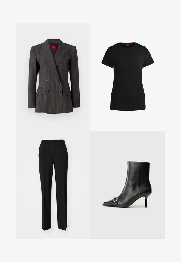 Tumehall kahekordne bleiser, millel on kergelt triibuline muster. Omab suuri krae, musti nuppe ja küljetaskuid. Silt on nähtav sees.; Must must t-särk lühikeste keeratud varrukatega, ümmarguse kaeluse ja punase etiketiga. Sile tekstuur, sobiv kuju minimaalsete detailidega.; Mustad ja sirged püksid, millel on sile tekstuur ja teravad voldid esiosas. Ilma nähtavate detailideta.; Must mustanvärvi nahast pahklinetopp, millel on terav nina, peen keskmise kõrgusega konts ja hõbedane keha detail külgedel, taustal lihtne taust.