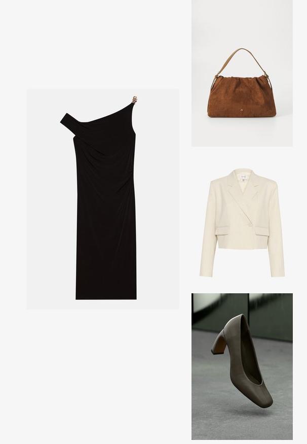 Cropped beige blazer in a textured fabric, featuring a double-breasted front, notched lapels, and two front pockets.; Black one-shoulder dress made of draped fabric featuring a gold accent on the shoulder, smooth texture, and knee-length design.; Dark olive green leather high-heeled shoe with square toe and block heel, floating above a gray concrete floor with a blurred green background.; Brown suede handbag with a gathered design, featuring a single tan leather strap and a subtle gold logo detail on the front.