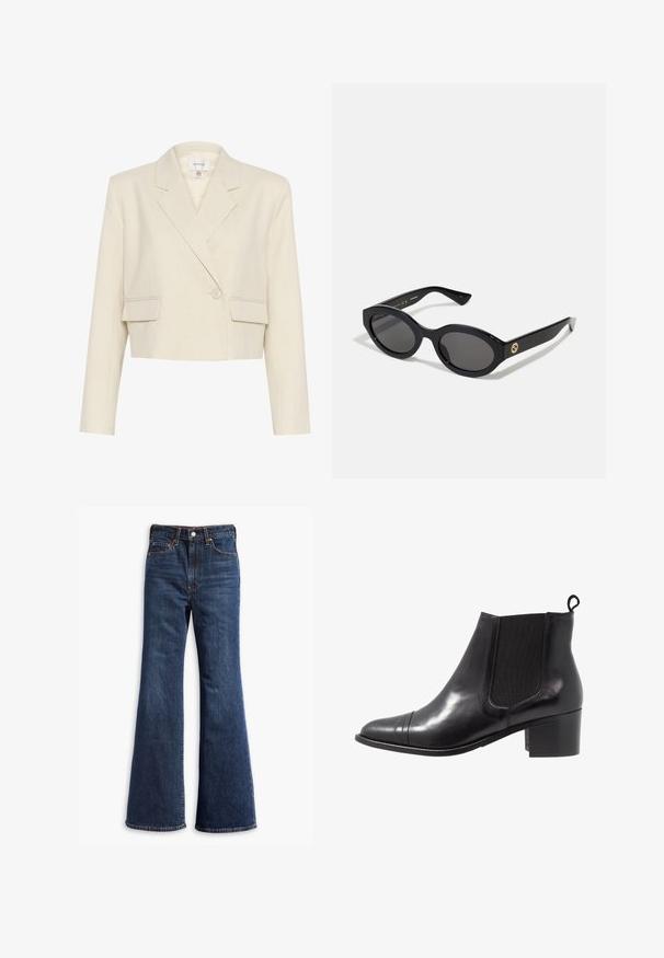 Blazer beige cortado em um tecido texturizado, com frente de botão duplo, lapelas recortadas e dois bolsos frontais.; Camisa branca de botão, feita de algodão suave, com colarinho clássico, apresentando uma bainha reta e botões bege na frente.; Jeans de ganga escura de cintura alta com pernas largas, fecho de botão e zipper na frente, e design de cinco bolsos.; Botim de tornozelo em couro preto com painéis laterais elásticos, bico redondo e salto quadrado texturizado. Apresenta uma alça em laço na parte de trás para facilitar o uso.; Óculos de sol ovais pretos com lentes escuras e armação de plástico brilhante. Apresenta um logotipo dourado na haste, oferecendo um design elegante e moderno.