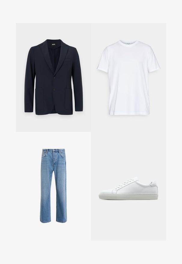 Tumesinine bleiser kergest kangast, millel on sisselõige, kaks eesmist taskut ja kahe nööbiga kinnitamine.; Valge puuvillane T-särk lühikeste varrukatega, ümmarguse kaelusega ja mugava lõikega. Omab minimalistlikku disaini, ilma mustrite või aktsentideta.; Heledad sinine teksapüksid otse lõikega, viie taskuga, nupuga sulgemine, minimaalne kulumine ja kontrastsed õmbluse detailid.; Valge tennisetoss, millel on sile nahk pealis ja madal profiil. Omab ümarat ninaosa, kuut silmust ja tekstuuriga kummist talda.