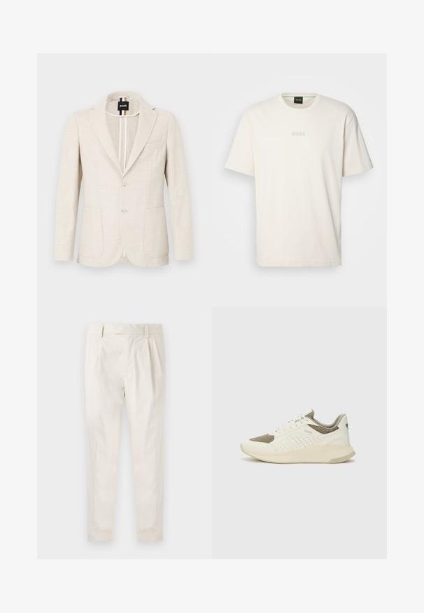 Šviesiai smėlio spalvos blazeris, pagamintas iš tekstūruoto audinio, su išpjautu apykakle, dviejų mygtukų užsegimu ir dviem priekinėmis kišenėmis. Viduje matoma dizainerio etikete.; BOSS TEE - Paprasti marškinėliai - open white; Balti, susiūtos kelnes, turinčios pritaikytą siluetą, pasižyminčias lygia tekstūra, dirželio kilpomis ir siaurėjančiomis kojomis. Nėra matomų kišenių ar raštų.; Baltas ir šviesiai bežinis sportinis kedas, su tinklo viršumi, perforuotais detalėmis ir tekstūruotu tarpine su logotipu ant kulno.
