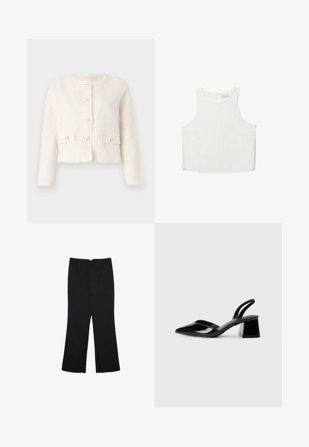 Valkoinen lyhyt takki, joka on valmistettu teksturoidusta kankaasta. Takissa on pyöreä pääntie, edessä napitus ja kaksi nappikiinnityksellä varustettua päällyslokeroa.; Valkoinen hihaton paita, jossa on pyöreä pääntie, hienovarainen tekstuuri, avaustakki ja suora helma.; Mustat housut suoralinjaisella leikkauksella, joissa on etutaskut ja sivurei'ät helman alla. Valmistettu pehmeästä ja sileästä kankaasta. Sopii eri tilaisuuksiin.; Mustat patentoitu nahkakengät, joissa on säären takaosa ja terävä kärki, sekä geometrinen palikkakorko. Sisältää tyylikkään, minimalistisen muotoilun ja sileän pinnan.
