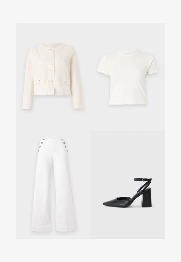 Biely skrátený kabát z textúrovanej látky, s okrúhlym výstrihom, predným zapínaním na gombíky a dvoma náprsníkovými vreckami so zapínaním na gombíky.; Krátke biele tričko vyrobené z bavlny s krátkymi rukávmi, okrúhlym výstrihom a rovnými okrajmi, s hladkou textúrou a minimálnym dizajnom.; Biele nohavice so širokými nohavicami vyrobené z bavlny, s veľkými dekoratívnymi gombíkmi po stranách, s hladkým povrchom a čistými švami.; Čierne kožené lodičky s špicatou špičkou a členkovým remienkom, s masívnym podpätkom. Hladký povrch, elegantný dizajn a minimalistická estetika.