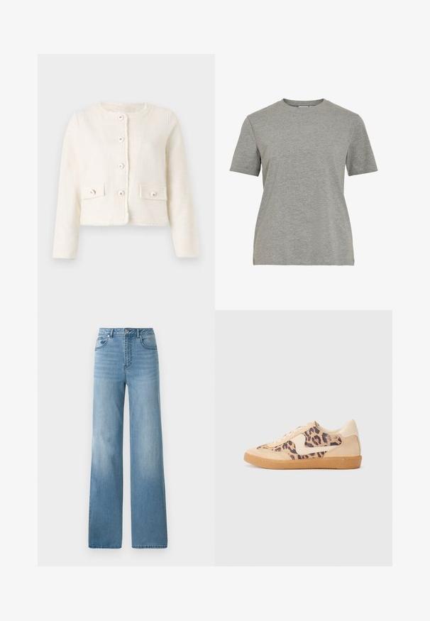Hvid kort jakke lavet af tekstureret stof, med rund halsudskæring, knaplukning foran og to påsyede lommer med knapper.; Grå bomulds-T-shirt med klassisk rund hals, korte ærmer og en glat tekstur, egnet til afslappet brug.; Lyseblå højtaljede jeans med lige ben. Fremstillet af denim, med fem lommer og knaplukning.; Leopardprint sneakers med beige ruskindsoverdel, tan gummisål og hvide detaljer. Rund pegefinger og snørebåndsdesign med en tekstureret finish.