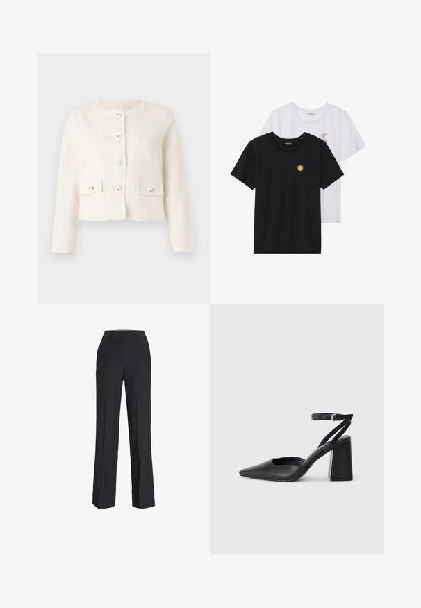Jachetă albă scurtă confecționată dintr-un material texturat, având un guler rotund, închidere frontală cu nasturi și două buzunare aplicate cu nasturi.; Tricouri alb-negru, cu gât rotund, mâneci scurte. Cămășile negre au broderie cu soare galben; cele albe au un accent cu lună crescută violet.; Pantaloni negri, cu talie înaltă, cu o croiala dreaptă. Făcuți dintr-un material neted, cu pliseuri în față și buzunare laterale.; Pantofii cu toc ascuțit din piele neagră, cu breteaua pentru glezne și toc gros. Textură netedă, design elegant și estetică minimală.