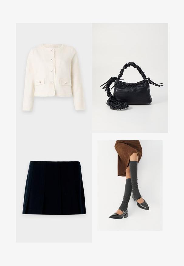 Valge lühike särk, mis on valmistatud tekstureeritud kangast, ümarate kaelustega, esise nööbiga ja kahe nööbiga klapiga taskuga.; Roheline ja valge triibuline lühikeste varrukatega T-särk ümmarguse kaelusega, valmistatud pehmest puuvillakangast. Omab ühtlasi horisontaalseid triipse.; Must mustriga mini seelik, mis on valmistatud kangast. Omab sirget vöönda ja mitu vertikaalset voldikut kuju ja tekstuuri loomiseks.; Mustad patsaline odav värviga kingad, millel on kreen ja pahkluuring, on paaritatud hallide ribakudumitega sääremiidega ja pruunist nahast seelikuga.; Must must sünteetilisest nahast käekott, millel on krokodillimuster, kokku tõmmatav ülaosa ja kortsus rihm. Tundub pehme ja kompaktne disain.