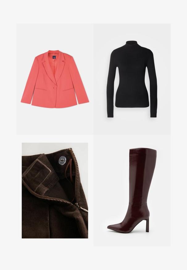 Koralli muotoiltu bleiseri, jossa on yhdistepainike, läpällä varustetut kaulukset, kaksi etutaskua ja sileä tekstuuri. Normaali istuvuus.; Musta poolapainen neuletakki, joka on valmistettu kevyestä neulekankaasta. Siinä on pitkät hihat, istuva muotoilu ja pehmeä ribsikuvio.; Ruskea corduroy-kangas, jossa on sileä pinta, vetoketju, napitus ja sisäinen nappi turvallista sulkemista varten.; Even&Odd Saappaat - dark red