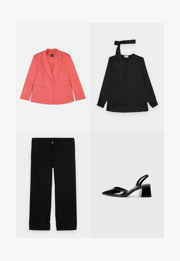 Coral tailored blazer with a single button closure, notch lapels, two front pockets, and a smooth textured fabric. Standard fit.; Black long-sleeve blouse in smooth fabric, featuring a button-down front and a tie detail at the neckline. Classic collar and cuffed sleeves.; Black cotton trousers with a straight-leg cut, featuring front pockets, a gold button closure, and rolled cuffs. Smooth texture.; Black patent leather slingback heels with a pointed toe and a geometric block heel. Features a sleek, minimal design and smooth texture.