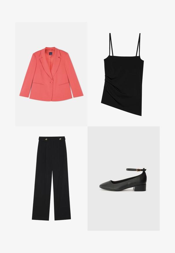 Korall színű, testre szabott zakó, egy gombos záródással, félszegélyes hajtókával, két elülső zsebbel és sima textúrájú anyaggal. Szabványos fazon.; Fekete, ujjatlan felső vékony pántokkal; az egyik oldalon drapált kialakítással és sima textúrával rendelkezik; rugalmas anyagból készült.; Fekete, bő szárú nadrág magas derékkal, gombos részletekkel a derékrészen és elülső pliszékkal.; Fekete bőr magassarkú cipő hegyes orral és alacsony tömb sarkal. Bokapánttal rendelkezik, aranyszínű csattal. Simább textúra.