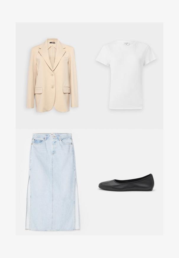 Blazer beige ajusté en tissu lisse, avec un col cranté, deux poches avant, deux boutons et une poche poitrine.; T-shirt en coton blanc avec un col rond et des manches courtes, présentant une coupe décontractée et un design minimaliste. Étiquette visible au niveau du cou.; Jupe maxi en denim bleu clair avec une coupe droite, dotée de fentes sur les côtés et d'un design à cinq poches. Couture bien visible et fermeture à bouton métallique.; Ballerines en cuir noir avec un bout rond, texture lisse, détails de couture minimalistes et design de semelle flexible.
