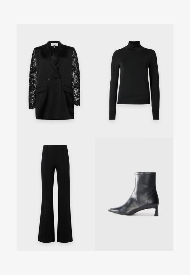 Blazer negru cu închidere dublă și două buzunare frontale; are mâneci lungi din dantelă cu un model floral. Textură satinată fină.; Pulover negru cu mânecă lungă și guler tip colier, cu manșete și tiv cu elastic, expus pe un fundal alb simplu.; Pantaloni negri evazați, cu talie înaltă, fabricați dintr-un material elastic. Prezintă detalii cu cusături verticale în față și o textură netedă.; Cizmă de gleznă din piele neagră cu vârf ascuțit și un design elegant. Dispune de un toc mic și de o închidere cu fermoar la spate. Textură netedă.