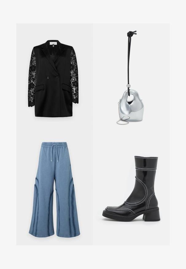 Juodas švarkas su dviguba uždanga ir dviem priekinėmis kišenėmis; turi ilgas nėriniuotas rankoves su gėlių raštu. Lygus satino tekstūra.; Šviesiai pilkas džemperis, pagamintas iš minkštos medžiagos, su priekinia kišene, reguliuojamu gobtuvu ir stora apykakle bei rankovėmis.; Mėlynos plačios kelnės su elastinga juosmens juosta ir virvute, su siūlių detalėmis palei kojas.; Juodo lakuoto odos kulkšninis batas su baltomis siūlėmis, apvaliu pirštu ir blokuotu kulnu. Ypatinasi išlenktomis dizaino linijomis ir lygia tekstūra.; Sidabrinė metalinė rankinė su unikalia, lygiagrečia, organiška forma. Turima juoda virvė ir maža grandinėlė, leidžiančios įvairiai nešti.