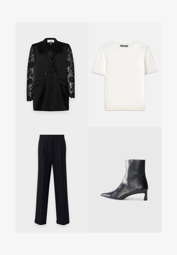 Blazer negru cu închidere dublă și două buzunare frontale; are mâneci lungi din dantelă cu un model floral. Textură satinată fină.; Top tricotat alb cu mânecă scurtă, cu decolteu rotund, având o textură netedă și accente subtile cu nervuri la mâneci și la margine.; Pantaloni negri cu dungi, cu o croială adaptată, având o tivă cu manșetă și pliuri frontale. Construiți dintr-un material neted cu un design structurat.; Cizmă de gleznă din piele neagră cu vârf ascuțit și un design elegant. Dispune de un toc mic și de o închidere cu fermoar la spate. Textură netedă.