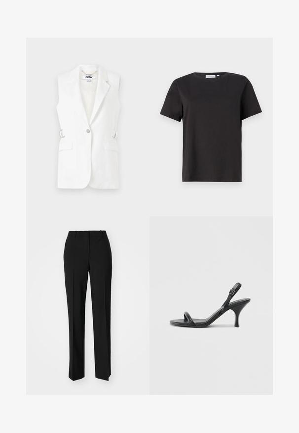 Balts bez piedurknēm žaketes ar vienu pogu, divām priekšējām kabatām un sudraba aksesuāriem sānos. Gluda, viegla auduma.; Melns kokvilnas t-krekls ar īsām piedurknēm, apaļu kakla izgriezumu un vienkāršu, tīru dizainu. Nav redzamu rakstu vai rotājumu.; Melnas pielāgotas bikses ar taisnu kāju dizainu, kas raksturojas ar gludu faktūru un asiem krokām pa priekšu. Nav redzamu metāla detaļu.; Melnas ādas augstpapēžu sandales ar plānu, izliekta formas papēdi un krustenisku siksnu dizainu. Regulējama potītes siksna. Gluda tekstūra.