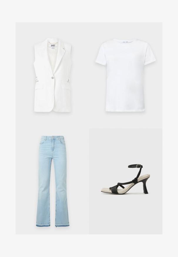 Fehér ujjatlan blazer, egy gombos záródással, két elülső zsebbel és ezüst színű fémrészletekkel az oldalán. Simább, könnyű anyag.; Fehér, rövid ujjú póló, pamutból készült, kerek nyakkivágással. Sima textúrájú, egyenes vonalú, minta vagy díszítés nélkül.; Világoskék, trapéz fazonú farmernadrág, magas derékkal, elülső zsebekkel és nyers szegéllyel a szárakon, amely laza megjelenést kölcsönöz.; Fekete sarkú szandál fonott pánttal, négyzet alakú orral és állítható bokapánttal. Világos bézs talpbetét fényes fekete sarkával.