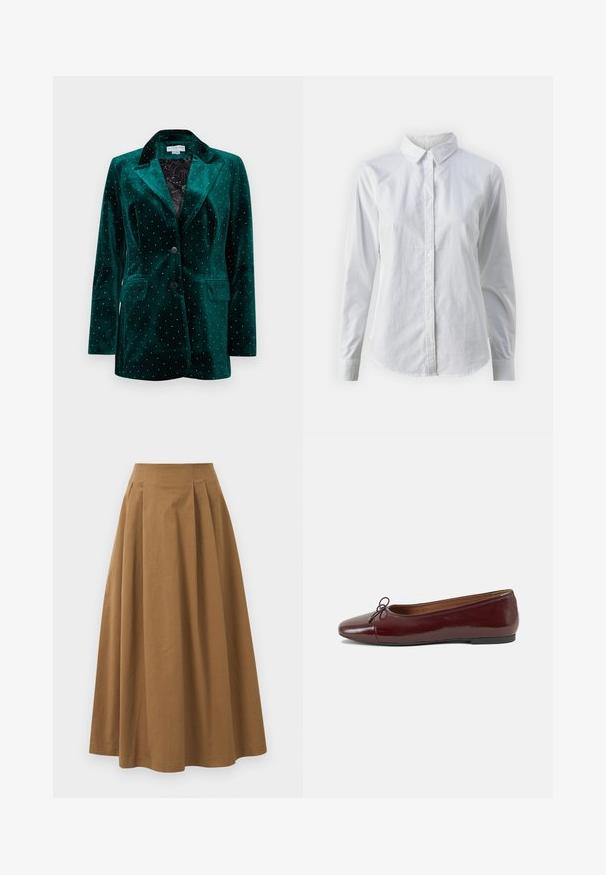 Πράσινο βελούδινο σακάκι με γιακά με καμπύλες, κλείσιμο με δύο κουμπιά και μπροστινές τσέπες. Διαθέτει μεταλλικά καρφιά σε σχέδιο με κουκκίδες στην επιφάνεια.; Λευκή πουκαμίσα με κουμπιά, φτιαγμένη από λείο βαμβάκι, με κλασικό γιακά, μακριά μανίκια και καμπυλωτό στρίφωμα. Τα κουμπιά είναι μικρά και λευκά.; Καφέ βαμβακερή φούστα Α-γραμμής με ψηλή μέση, που διαθέτει πτυχές μπροστά και λεία υφή. Οι τελειώματα στο στρίφωμα είναι καθαρά και απλά.; Μπορντό παρθένα δερμάτινα μπαλαρίνες με στρογγυλή μύτη, μικρή διακόσμηση φιόγκου στο μπροστινό μέρος και χαμηλή, μαύρη καουτσούκ σόλα. Λείος υφής.