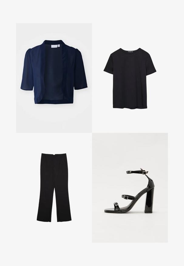 Tamnoplavi kratki sako s kratkim rukavima, laganog, prozirnog dizajna, otvorenog prednjeg dijela i meke teksture. Ima blago nabrane rukave i bez kopčanja.; Pura crna pamučna majica kratkih rukava s okruglim izrezom, prikazana na bijeloj pozadini.; Crne hlače ravnog kroja, s prednjim džepovima i bočnim prorezima na rubu. Izrađene od mekog i glatkog materijala. Pogodne za razne prigode.; Crne lakirane sandale na visoku petu s dva remena s kopčama, kvadratnim vrhom i masivnom blok petom, s glatkom, sjajnom teksturom.