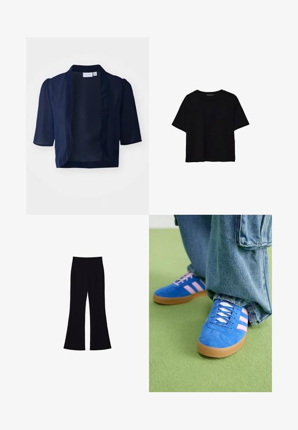 Tamnoplavi kratki sako s kratkim rukavima, laganog, prozirnog dizajna, otvorenog prednjeg dijela i meke teksture. Ima blago nabrane rukave i bez kopčanja.; Crna kratka majica s kratkim rukavima i okruglim izrezom, jednostavnog dizajna, položena na ravnu bijelu podlogu.; Crne široke hlače s visokim strukom, bez vidljivih džepova ili dugmadi, prikazane protiv bijele pozadine.; Plave zamšne cipele s ružičastim prugama i bijelim vezicama, s gumenim potplatom, u kombinaciji s širokim trapericama na zelenoj podlozi.