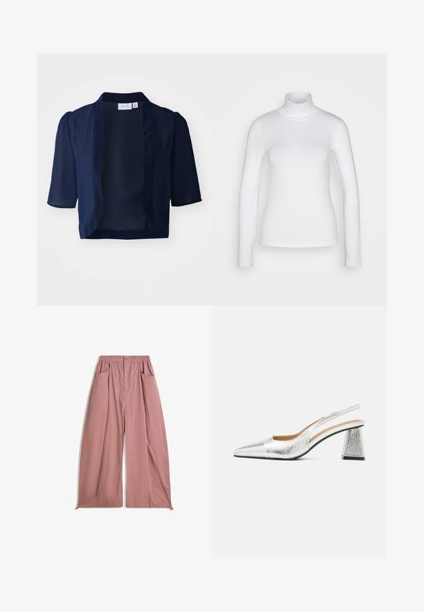 Tengerészkék rövid ujjú blézer, könnyű, áttetsző kialakítással, nyitott elülső résszel és puha tapintással. Finoman puffos ujjakkal rendelkezik, záródások nélküli.; Fehér, hosszú ujjú garbó póló, sima, rugalmas anyagból készült. Szoros illeszkedésű és magas gallérral rendelkezik. Nincsenek látható minták vagy díszítések.; Laza szabású, magas derekú nadrág puha rózsaszín anyagból. Jellemzője a rugalmas derékpánt, két oldalsó zseb és sima, texturált felület.; Ezüst szíjú pumpa hegyes orral, texturált fémborítással és háromszögletű tömbsarkú kialakítással. A belső része barna bőrdíszítéssel rendelkezik.