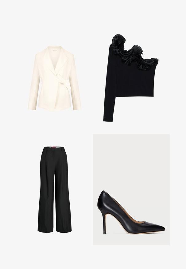 White tailored blazer with a shawl collar, wrap front, and side tie. Made of smooth fabric, featuring long sleeves and structured shape.; Black one-shoulder top featuring a ruffled sheer overlay along the neckline, made from lightweight fabric with a smooth texture.; Black wide-leg trousers with a tailored design, featuring pleats and a smooth fabric texture. Clean lines and no visible hardware or accents.; Black leather high heel pump with a pointed toe and a slender stiletto heel. Smooth texture and minimal detailing create a classic design.