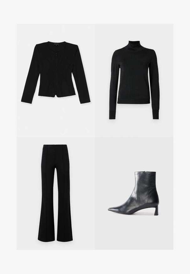 Fekete, cipzáras dzseki hosszú ujjakkal, elülső részén texturált függőleges redőzéssel és testhezálló sziluettel.; Fekete, hosszú ujjú garbós pulóver bordás mandzsettákkal és aljjal, sima fehér háttér előtt bemutatva.; Fekete, flared nadrág magas derékkal, rugalmas anyagból készült. Elölnézetén függőleges varrásokkal rendelkezik, sima textúrával.; Fekete bőr bokacsizma hegyes orral és letisztult dizájnnal. Alacsony sarka és hátsó cipzáras záródása van. Simának tűnő textúra.