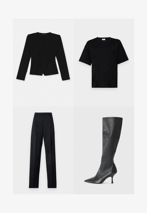 Crna jakna s patentnim zatvaračem i dugim rukavima, s teksturiranim vertikalnim naborima na prednjoj strani i prilagođenim krojem.; Crna kratka majica s kratkim rukavima u opuštenom kroju, izrađena od mekanog materijala, s okruglim izrezom i bez istaknutih uzoraka ili akcenata.; Crne hlače od glatkog materijala s visokim strukom, širokim nogavicama, prednjim pregibima i klasičnim petljama za remen. Nema vidljivih bočnih džepova.; Čizme od crne kože visine do koljena s šiljastim nosom i uskim stiletto potpeticama. Glatka tekstura s tijesnim dizajnom i šavovima na gornjoj ivici.