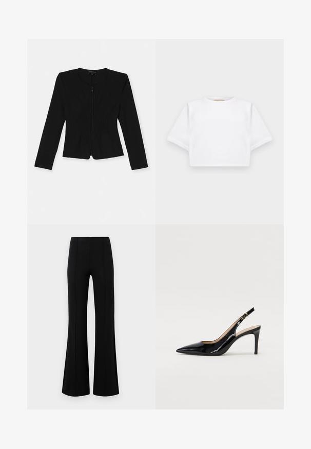 Fekete, cipzáras dzseki hosszú ujjakkal, elülső részén texturált függőleges redőzéssel és testhezálló sziluettel.; Rövid ujjú, puha anyagból készült, vágott fehér póló, kör alakú nyakkivágással és bordázott alsó résszel. Egyszerű és díszítetlen kialakítás.; Fekete, flared nadrág magas derékkal, rugalmas anyagból készült. Elölnézetén függőleges varrásokkal rendelkezik, sima textúrával.; Fekete lakk bőr kötött magassarkú cipő, hegyes orral és karcsú sarokkal, finom kivágásos dizájnnal. Az övön arany csatt található.