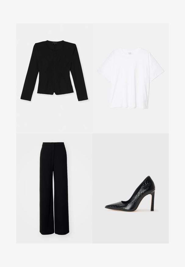 Mustriline nurgast lukuga must jope, millel on pikad varrukad ja esiküljel kareda vertikaalse volangiga disain ning kehakujundusega lõige.; Valge puuvillane T-särk lühikeste varrukatega, ümmargune kaelus, mugav lõige ja õmmeldud serv. Silt nähtav kaela seest.; Mustad laiad püksid kõrge vöökohaga, sileda kangaga, eesnupu sulgmisel ja nähtamatute taskutega, millel on kohandatud lõige.; Mustan teravaotsaga kõrge kontsaga king, millel on krokodillimustriga tekstuur, stiilne disain, kõrge stilettokonts ja sile must sisesisustus.