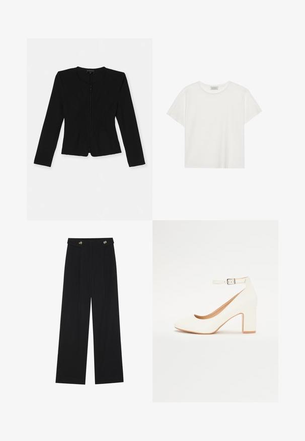 Juoda užtrauktuku užsegama striukė su ilgomis rankovėmis, uždengta vertikalių raukšlių raštu priekyje ir prigludusia siluetu.; Balta trumpa rankovė T-marškiniai, pagaminti iš minkštos medvilnės. Charakterizuojami apvali kaklo iškirpte ir laisvu siluetu. Švarus dizainas be matomų raštų ar akcentų.; Juodi plačios kojos kelnės su aukštu liemeniu, sagų detalėmis ant liemens ir priekinėmis raukšlėmis.; Baltas aukštas kulnas su smailiu pirštu, blokiniu kulnu ir kulkšnies dirželiu. Lygus paviršius su subtiliu blizgesiu ir smėlio spalvos vidine pamušalu.