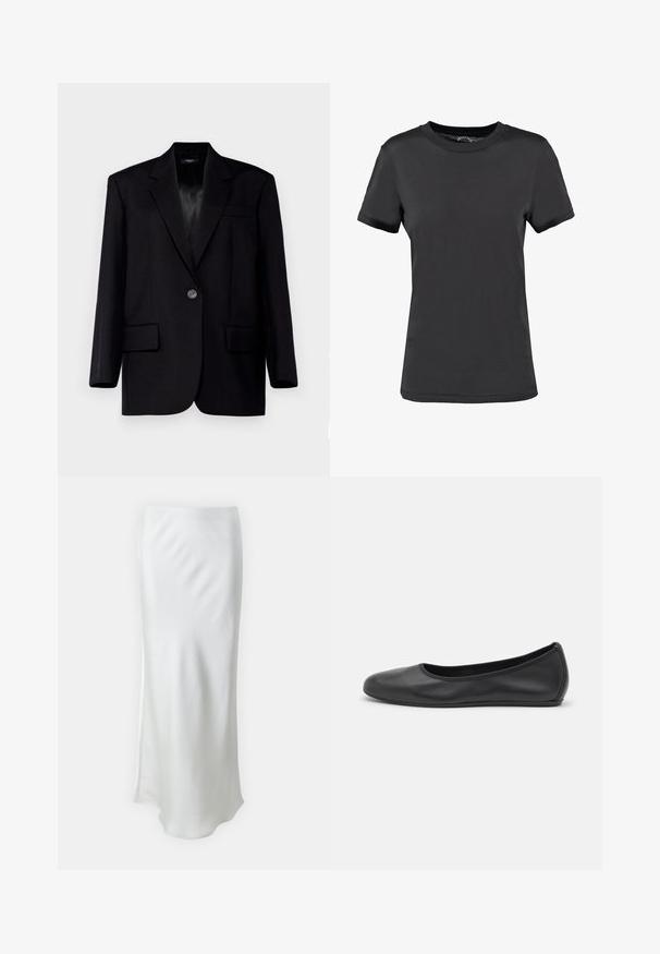 WEEKEND MaxMara BRAVO czarny; Czarny t-shirt z krótkim rękawem, wykonany z gładkiego materiału. Posiada okrągły dekolt bez widocznych wzorów czy akcentów, co zapewnia prosty design.; Samsøe Samsøe AGNETA mleczny; Czarne skórzane baletki z zaokrąglonym noskiem, gładką fakturą, minimalnymi przeszyciami i elastycznym designem podeszwy.