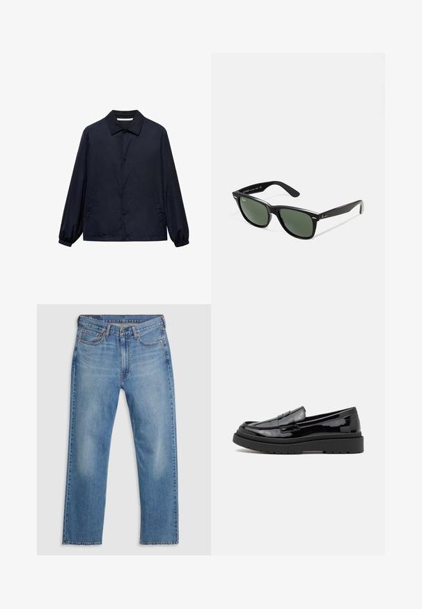 Mørkeblå afslappet jakke med knaplukning foran, klassisk krave, elastiske manchetter og sidelommer. Lavet af let, glat stof.; Sort turtleneck sweater lavet af et blødt strikmateriale. Har lange ærmer, ribbet krave og kant. Enkel, slank design uden mønstre.; Blå lige ben denim jeans med frontknap og lynlås, bæltestropper og fem lomme-design på en hvid baggrund.; Sorte patenterede læderloafers med en rund tå, et dekorativt bånd og en tyk sort gummisål. Glat, blank overflade med minimal syning.; Sorte plastiksolkaber med grønne linser, firkantede stel, sølvaccent på brynene og teksturerede templede arme. Angivet mærke på den indre arm.