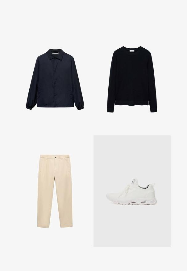 Granatowa, casualowa kurtka z zapinanym przodem, klasycznym kołnierzykiem, elastycznymi mankietami i kieszeniami po bokach. Wykonana z lekkiego, gładkiego materiału.; Czarny, prążkowany sweter z długim rękawem, z okrągłym dekoltem i subtelną teksturą. Zakończone mankiety i dół swetra podkreślają jego zorganizowany krój.; Beżowe, casualowe spodnie wykonane z miękkiego materiału; mają elastyczny pas, kieszenie z przodu i prostą nogawkę.; Białe buty sportowe z teksturowaną cholewką z dzianiny, płaskimi sznurowadłami oraz wyściełaną podeszwą z widocznymi komorami powietrznymi dla dodatkowego wsparcia.