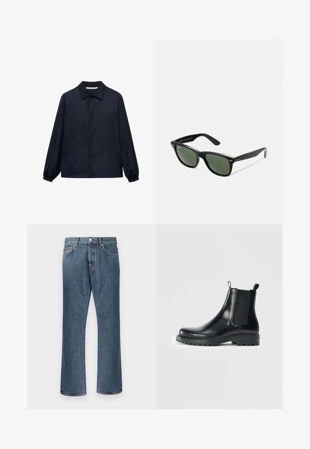 Marineblaue Freizeitjacke mit Knopfleiste, klassischem Kragen, elastischen Bündchen und Seitentaschen. Hergestellt aus leichtem, glattem Stoff.; Weißes Baumwoll-T-Shirt mit kurzen Ärmeln, rundem Ausschnitt und geradem Schnitt. Glatte Textur ohne sichtbare Muster oder Akzente.; Blaue Denim-Jeans mit geradem Bein, ausgestattet mit einem klassischen Knopf- und Reißverschluss, fünf Taschen und dezenten Ausbleichungen.; Schwarze Leder-Chelsea-Stiefel mit elastischen Seitenpaneelen, einer Schlaufe für einfaches Anziehen und einer robusten Gummisohle mit strukturiertem Grip.; Schwarze Plastiksonnenbrille mit grünen Gläsern, quadratischen Rahmen, silbernem Akzent auf der Augenbraue und strukturierten Bügeln. Angegebene Marke auf dem inneren Bügel.