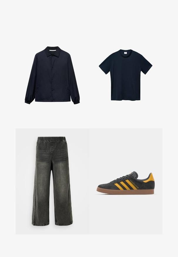 Mørkeblå afslappet jakke med knaplukning foran, klassisk krave, elastiske manchetter og sidelommer. Lavet af let, glat stof.; Marineblå t-shirt med korte ærmer lavet af blød bomuld, med rund halslinje og en ren, lige afslutning uden synlige mønstre.; Sorte vaskede denimbukser med elastisk talje og brede ben, der har subtile lodrette sømdetaljer på siderne.; Sort suedet sneaker med gule accenter, der har tre striber og en brun gummisål. Inkluderer en polstret tunge for komfort.