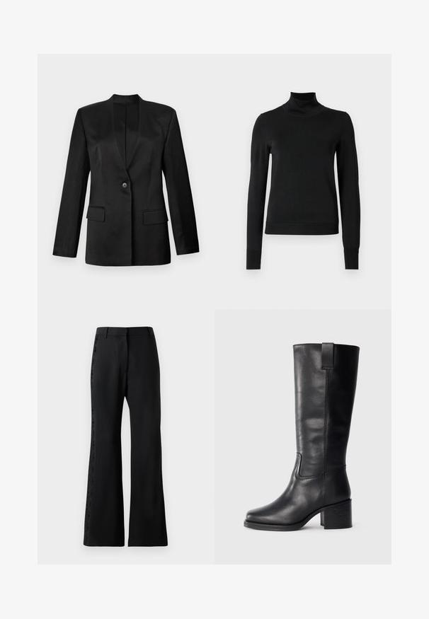 Black blazer with a single button closure, notched lapels, and two front pockets. Made of smooth fabric with a structured silhouette.; Black long-sleeve turtleneck sweater with ribbed cuffs and hem, displayed on a plain white background.; Black flared trousers in lightweight fabric featuring a lace trim along the sides. Structured waistband and sleek, smooth texture.; Black leather knee-high boots with a smooth texture, square toe, block heel, and side pull tab, featuring minimal stitching details.