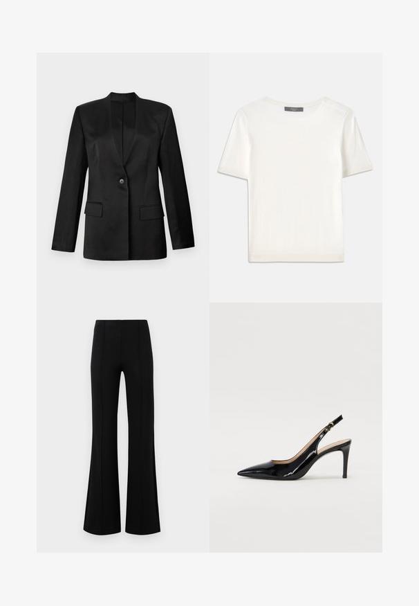 Črn blazer s enojnim gumbom, zarezanimi klapnicami in dvema sprednjima žepoma. Narejen je iz gladkega blaga z strukturirano silhueto.; Bela kratka pletena majica s kratkimi rokavi in okroglim izrezom, ki ima gladko teksturo in subtilne rebrovane detajle na rokavih in robu.; Črne krilate hlače z visokim pasom, izdelane iz raztegljive tkanine. Imajo vertikalne šive na sprednji strani in gladko teksturo.; Črne lakirane slingback čevlje z izostrenim nosom, ozkim peto in subtilnim izrezom. Na traku je zlata sponka.