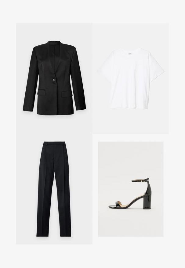 Black blazer with a single button closure, notched lapels, and two front pockets. Made of smooth fabric with a structured silhouette.; White cotton t-shirt with short sleeves, round neckline, relaxed fit, and stitched hem. Label visible on the inside neck.; Black trousers made from smooth fabric featuring a high waist, wide legs, front pleats, and classic belt loops. No side pockets visible.; Black patent leather sandal with a wide heel, open toe, and ankle strap featuring a gold buckle. Smooth texture and sleek design.