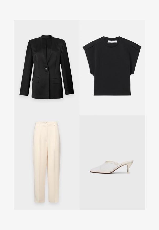 Fekete blézer, egysoros gombolással, kilapított hajtókával és két elülső zsebével. Simás anyagból készült, strukturált sziluettel.; Fekete, rövid ujjú felső, kerek nyakkivágással és vállrészletességgel, laposan elhelyezve fehér háttéren.; Beige, egyenes szabású testre szabott nadrág, elöl plisszírozással, sima textúrával és közepes derékkal. Nincsenek látható zsebek.; Fehér hálós, hegyes orrú mules cipő, vékony, középmagas sarkával és slip-on kialakításával, egyszerű háttér előtt.