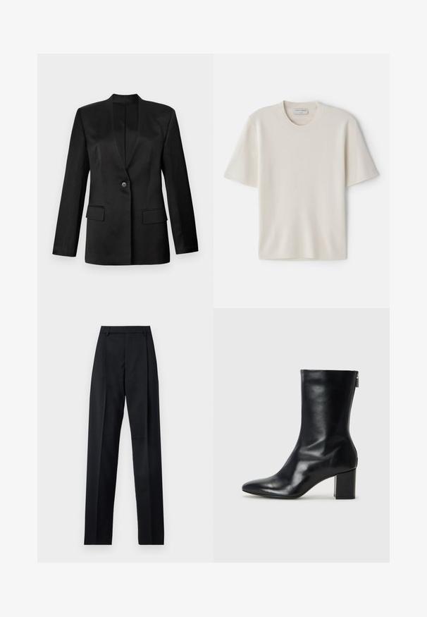Černý blazer se zapínáním na jeden knoflík, klopovými límci a dvěma předními kapsami. Vyroben z hladké látky s strukturovaným siluetou.; Krémové tričko s krátkým rukávem a kulatým výstřihem, vyrobené z jemného materiálu, s rovný střih a minimálními detaily.; Černé kalhoty vyrobené z hladké tkaniny, vybavené vysokým pasem, širokými nohavicemi, předními záhyby a klasickými poutky na opasek. Nejsou viditelné boční kapsy.; Černé kožené kotníkové boty s špičatou špičkou a blokovým podpatkem o výšce 4 cm. Elegantní design obsahuje boční zip pro snadné obouvání. Hladká textura.