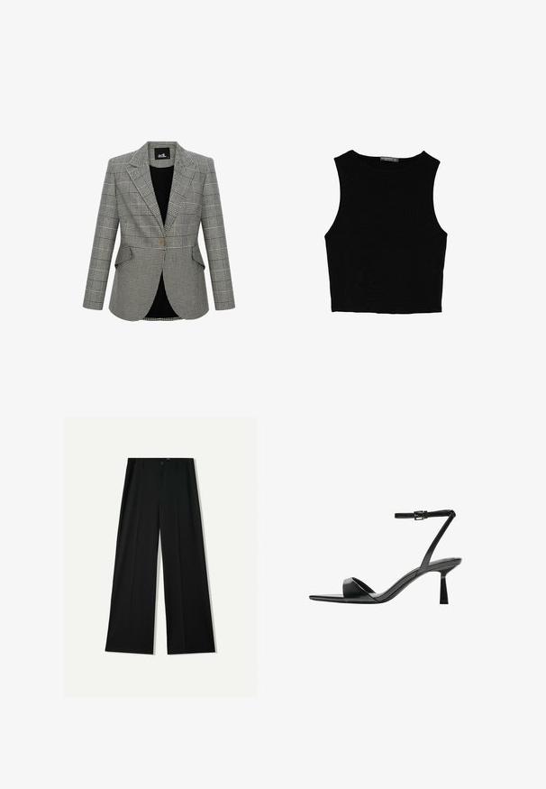Harmaa ruudullinen bleiseri, jossa on jämäkkä muotoilu, lovitetut kaulukset, yksittäinen nappilukitus ja kaksi etutaskua. Vuorattu mustalla kankaalla.; Musta hihaton crop-top, joka on valmistettu sileästä kankaasta, jossa on pyöreä kaula-aukko ja siisti, yksinkertainen muotoilu ilman kuvioita tai varusteita.; Bershka WIDE - Housut - black; Bershka Korolliset sandaalit - black