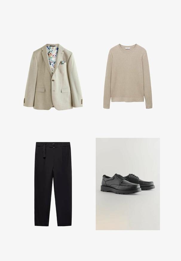 Lichtbeige blazer van een gestructureerde stof, met een enkele knoopsluiting, twee voorzakken en een bloemenpatroon voering. Bevat een pochet.; Beige ribbeltrui met lange mouwen, ronde hals en een afgesneden zoom. De stof lijkt zacht met een textuurpatroon.; Zwarte broeken met een rechte pasvorm, riemlussen en een afneembare riem. Glad stof met zijzakken en zonder zichtbare patronen of metalen onderdelen.; Zwarte leren schoenen met een gestructureerde bovenkant, ronde neus, vetersluiting en dikke rubberen zolen met een patroon.