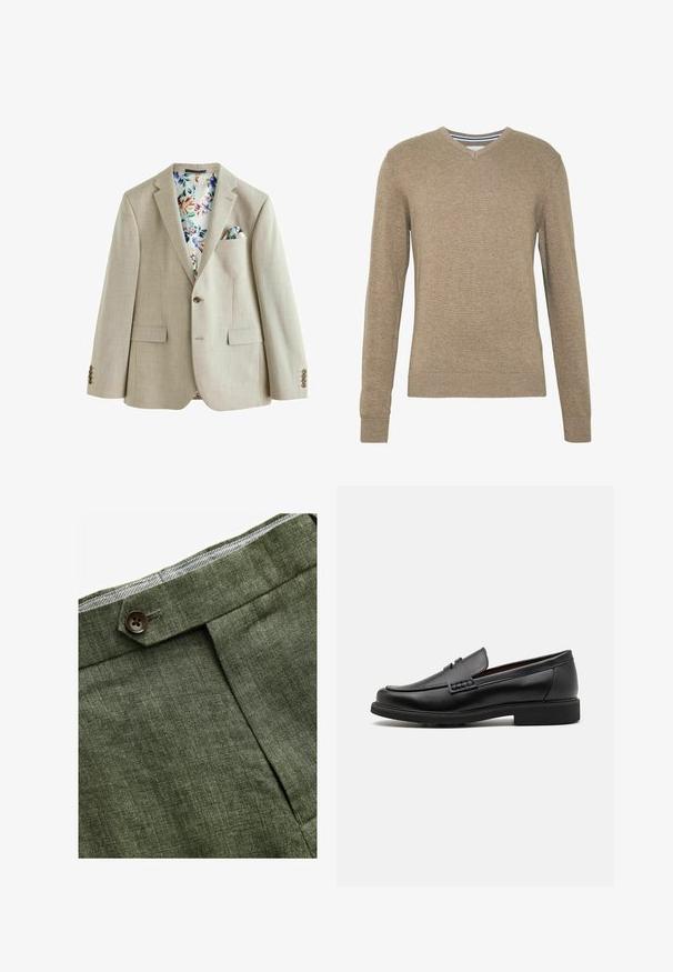 Jasnobeżowy blezer z teksturowanej tkaniny, z zapięciem na jeden guzik, dwoma przednimi kieszeniami i podszewką w kwiatowy wzór. Posiada poszetkę.; Sweter z dekoltem w kształcie V, wykonany z miękkiej, jasnobrązowej dzianiny, z długimi rękawami oraz ściągaczami przy mankietach i hemie. Subtelna tekstura w całym materiale.; Biała bawełniana koszulka z okrągłym dekoltem noszona z granatowymi spodniami w kant i brązowym skórzanym paskiem z złotą klamrą.; Zielone lniane spodnie w odcieniu oliwkowym z plisami z przodu, posiadające zapięcie na guzik i kontrastową kratkowaną podszewkę w pasie.; Czarne syntetyczne mokasyny z wyraźnym przeszyciem z przodu, wyściełaną wkładką i płaską gumową podeszwą; smukły design z minimalnymi detalami.