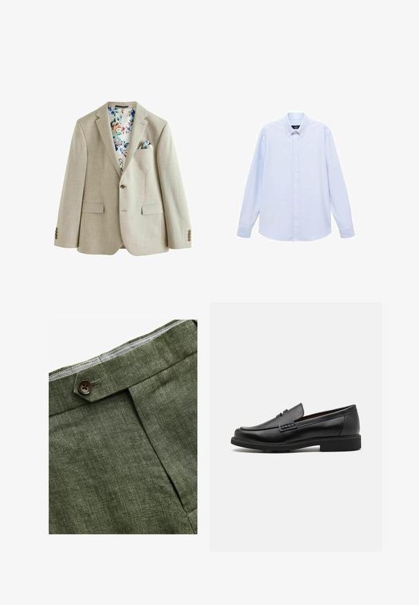 Blazer bej deschis, dintr-un material texturat, cu închidere printr-un singur nasture, două buzunare frontale și căptușeală cu un model floral. Include un batista de buzunar.; Cămașă cu mâneci lungi de un albastru deschis, cu guler clasic, tiv drept și o textură subtilă. Prezintă un închidere centrală cu nasturi.; Pantaloni din in de culoare verde măslin, cu pliu frontal, dotati cu închidere cu nasture și căptușeală cu un model în carouri contrastant la talie.; Mocasini negri din material sintetic, cu un vârf cusut proeminent, interior căptușit și talpă plată din cauciuc; design elegant cu detalii minime.