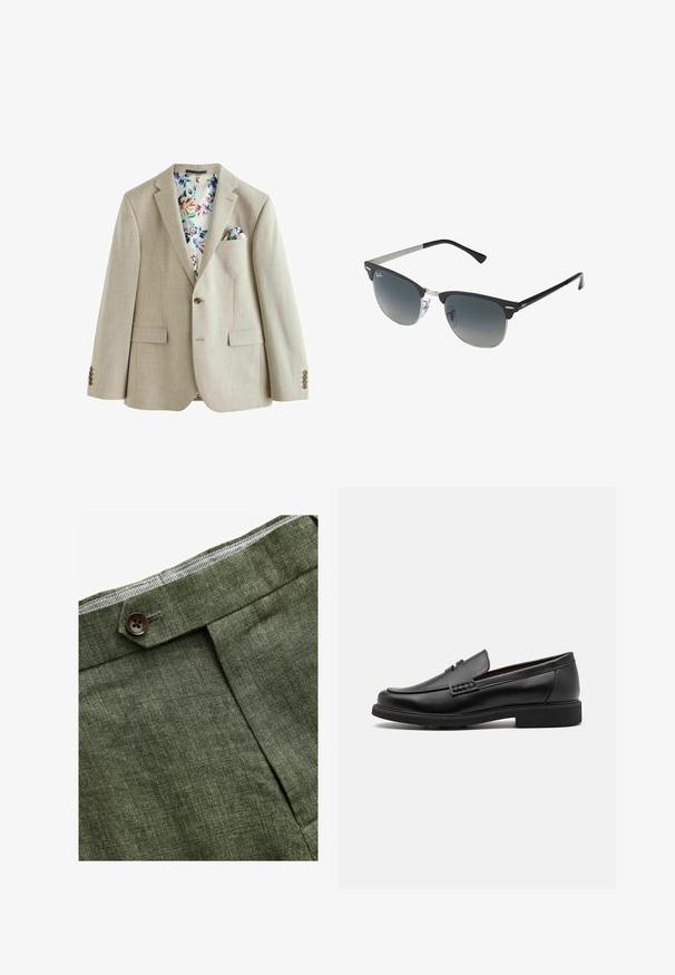 Svetlo béžový blazer s textúrovanou tkaninou, s jedným gombíkom, dvoma prednými vreckami a podšívkou s kvetinovým vzorom. Obsahuje vreckovku.; Svetlomodrá košeľa s dlhým rukávom a gombíkmi, s klasickým golierom, rovnými okrajmi a jemnou textúrou. Obsahuje centrálny gombíkový zapínací systém.; Olivové ľanové nohavice s predným záhybom, so zapínaním na gombík a kontrastnou kockovanou podšívkou na pase.; Čierne syntetické poltopánky s výrazným prešitým predným detailom, vycpanou vnútornou stielkou a plochou gumovou podrážkou; elegantný dizajn s minimálnym zdobením.; Čierne a strieborné slnečné okuliare v tvare mačacích očí so stupňovými šošovkami a kovovými akcentmi na ráme. Plastové nožičky s šedými koncami.
