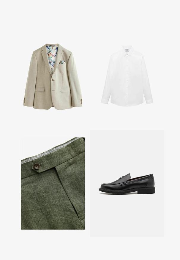 Blazer beige chiaro con tessuto texture, chiusura a un bottone, due tasche frontali e foderato con un motivo floreale. Include un fazzoletto da taschino.; Camicia bianca a maniche lunghe realizzata in tessuto liscio, con colletto classico, chiusura frontale a bottoni e orlo curvo. Design minimalista senza motivi.; Pantaloni in lino verde oliva con piega frontale, dotati di chiusura con bottone e una fodera a quadretti a contrasto nella cintura.; Mocassini sintetici neri con una spessa cucitura frontale, soletta imbottita e suola piatta in gomma; design elegante con dettagli minimi.