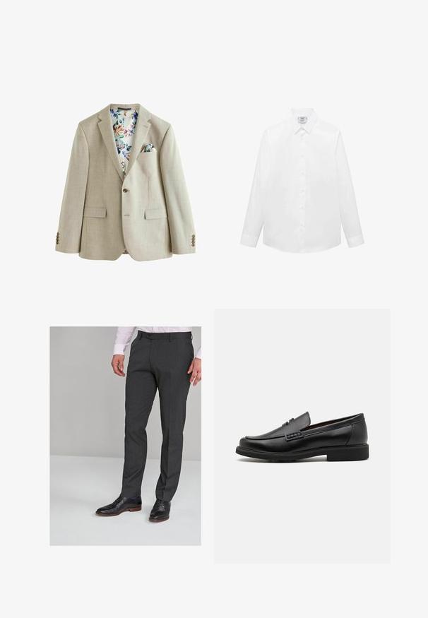 Blazer beige chiaro con tessuto texture, chiusura a un bottone, due tasche frontali e foderato con un motivo floreale. Include un fazzoletto da taschino.; Camicia bianca a maniche lunghe realizzata in tessuto liscio, con colletto classico, chiusura frontale a bottoni e orlo curvo. Design minimalista senza motivi.; Pantaloni grigi su misura con una texture liscia, dotati di una parte frontale piatta e passanti per cintura, abbinati a scarpe eleganti nere.; Mocassini sintetici neri con una spessa cucitura frontale, soletta imbottita e suola piatta in gomma; design elegante con dettagli minimi.