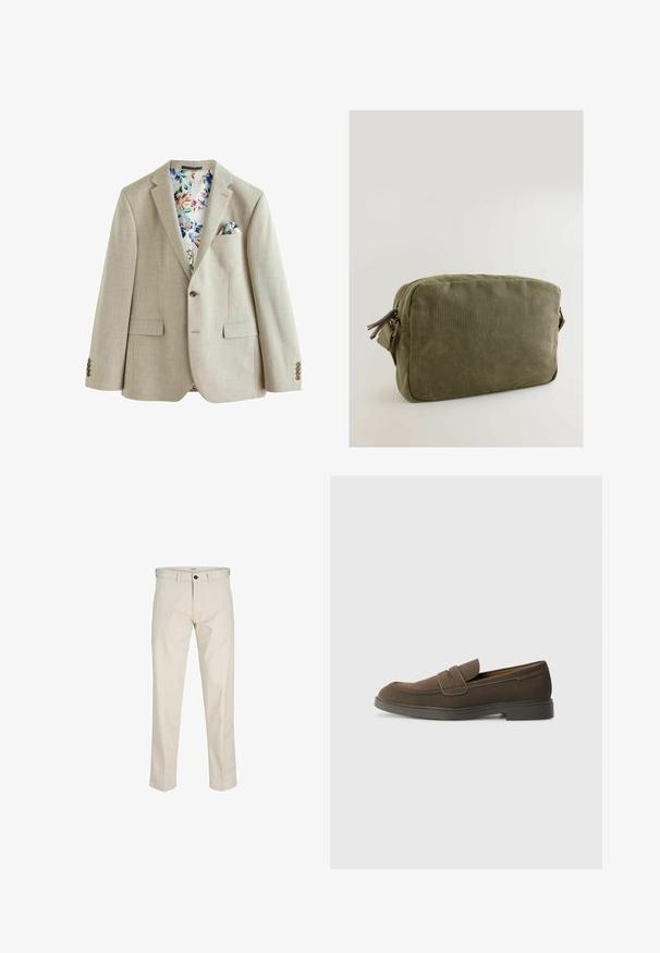 Light beige blazer with a textured fabric, single button closure, two front pockets, and a floral pattern lining. Features a pocket square.; Navy blue crew neck t-shirt made of soft cotton blend fabric, with short sleeves and a regular fit. No visible patterns or accents.; Beige cotton trousers with a straight fit, button fly, front pockets, and stitched seams. Smooth texture, minimal detailing, and no patterns.; Brown suede loafer with a rounded toe, a strap across the vamp, and a flat rubber sole. Simple design with clean lines and minimal detailing.; Olive green canvas bag with a rectangular shape, zippered closure, and leather accents on the zipper pull.